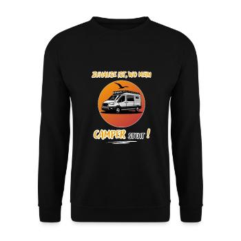 Zuhause Ist Wo Mein Camper steht-Kastenwagen-WoMo - Unisex Pullover - Schwarz - Vorne - Alina (178cm) & Michal (187cm)