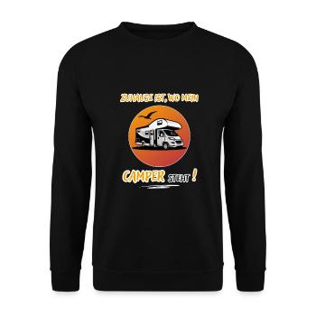 Zuhause Ist Wo Mein Camper steht-Kastenwagen-WoMo - Unisex Pullover - Schwarz - Vorne - Alina (178cm) & Michal (187cm)