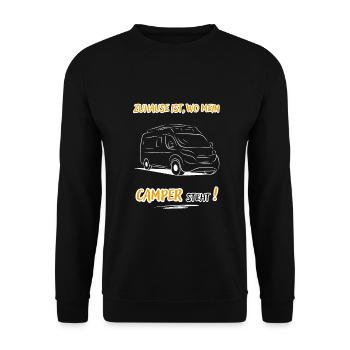 Zuhause Ist Wo Mein Camper steht-Kastenwagen-WoMo - Unisex Pullover - Schwarz - Vorne - Alina (178cm) & Michal (187cm)