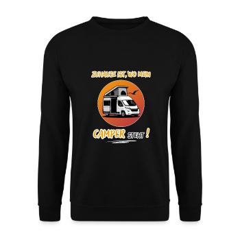Zuhause Ist Wo Mein Camper steht-Kastenwagen-WoMo - Unisex Pullover - Schwarz - Vorne - Alina (178cm) & Michal (187cm)