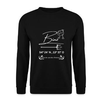 Binz-Möwe-Anker-Ostsee-Koordinaten - Unisex Pullover - Schwarz - Vorne - Alina (178cm) & Michal (187cm)
