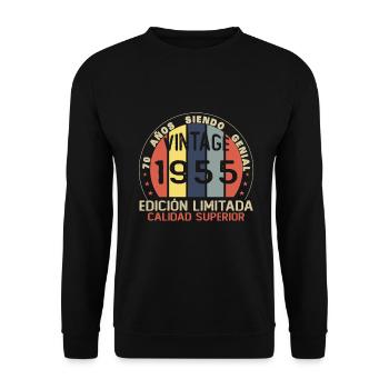 70 Jahre Geburtstagsgeschenk aus dem Jahr 1955 - Unisex Pullover - Schwarz - Vorne - Alina (178cm) & Michal (187cm)