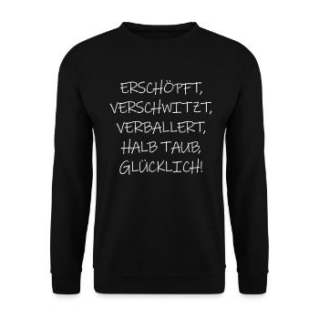 Erschöpft Verschwitzt Verballert Glücklich Rave - Unisex Pullover - Schwarz - Vorne - Alina (178cm) & Michal (187cm)