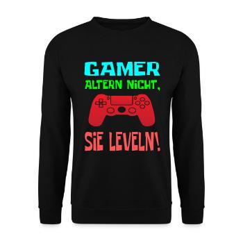 Gamer altern nicht sie leveln Zocken Geburtstag - Unisex Pullover - Schwarz - Vorne - Alina (178cm) & Michal (187cm)