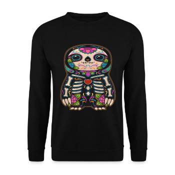 Faultier Dia de los Muertos Zuckerschädel - Unisex Pullover - Schwarz - Vorne - Alina (178cm) & Michal (187cm)