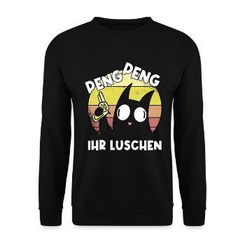 Katze Peng Luschen lustig Geschenk - Unisex Pullover - Schwarz - Vorne - Alina (178cm) & Michal (187cm)