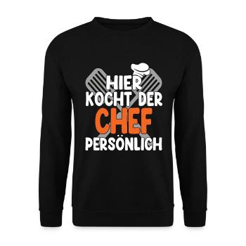 Hier Kocht Der Chef Persönlich - Unisex Pullover - Schwarz - Vorne - Alina (178cm) & Michal (187cm)
