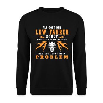 LKW-Fahrer Teufel - Unisex Pullover - Schwarz - Vorne - Alina (178cm) & Michal (187cm)