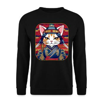 Coole Samurai Katze Asia Anime Mmanga - Unisex Pullover - Schwarz - Vorne - Alina (178cm) & Michal (187cm)