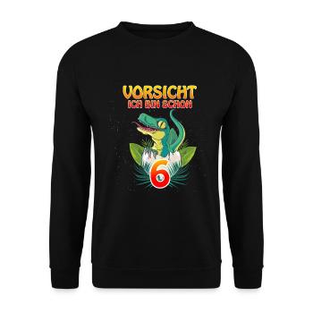 Kinder Geburtstag Ich bin schon 6 T-Rex & Dino - Unisex Pullover - Schwarz - Vorne - Alina (178cm) & Michal (187cm)