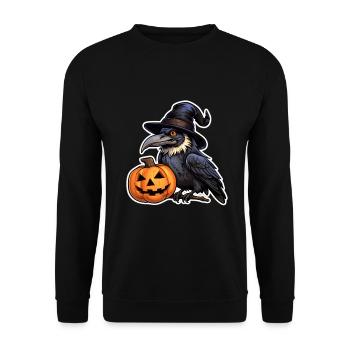 Halloween Rabe mit Hexenhut auf Kürbis - Unisex Pullover - Schwarz - Vorne - Alina (178cm) & Michal (187cm)