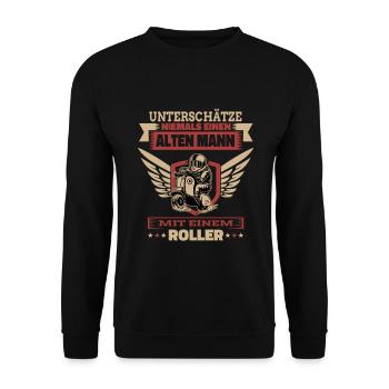 Alter Mann Mit Roller Rentner Opa Shirt - Unisex Pullover - Schwarz - Vorne - Alina (178cm) & Michal (187cm)