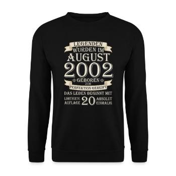 20. Geburtstag August Jahrgang 2002 Geschenkidee - Unisex Pullover - Schwarz - Vorne - Alina (178cm) & Michal (187cm)