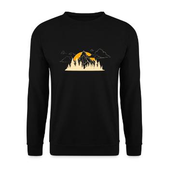 Berg Wald Bäume und aufgehende/untergehende Sonne - Unisex Pullover - Schwarz - Vorne - Alina (178cm) & Michal (187cm)