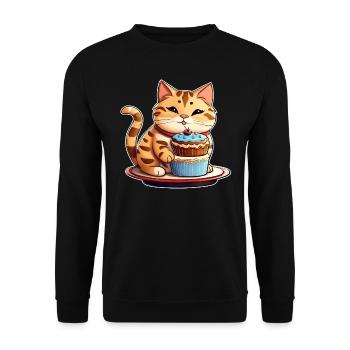Niedliche dicke Katze mit Cup Cake - Unisex Pullover - Schwarz - Vorne - Alina (178cm) & Michal (187cm)