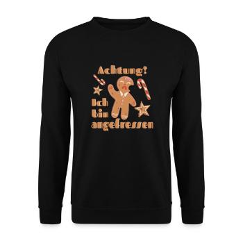 Lustiger Lebkuchen-Männchen Spruch - angefressen - Unisex Pullover - Schwarz - Vorne - Alina (178cm) & Michal (187cm)