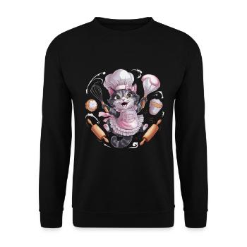 Liebenswerte Katze beim Backen - Unisex Pullover - Schwarz - Vorne - Alina (178cm) & Michal (187cm)