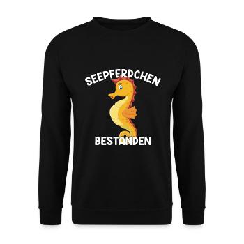 Seepferdchen Abzeichen Schwimmprüfung Geschenk - Unisex Pullover - Schwarz - Vorne - Alina (178cm) & Michal (187cm)