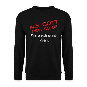 Als Gott mich schuf war er stolz - Unisex Pullover - Schwarz - Vorne - Alina (178cm) & Michal (187cm)