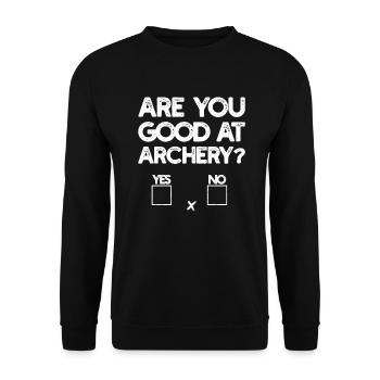 Bist du gut im Bogenschießen Lustiger Spruch - Unisex Pullover - Schwarz - Vorne - Alina (178cm) & Michal (187cm)