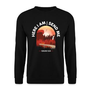Hier bin ich Schick mir Bibelverse - Unisex Pullover - Schwarz - Vorne - Alina (178cm) & Michal (187cm)
