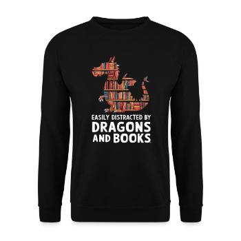 Fantasy Book Lover Drache mit Regalen - Unisex Pullover - Schwarz - Vorne - Alina (178cm) & Michal (187cm)