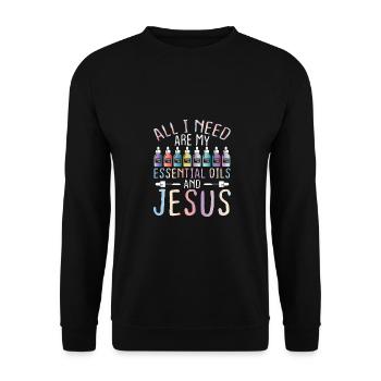 Christliches Geschenk EO Praktiker Alles, was ich brauche - Unisex Pullover - Schwarz - Vorne - Alina (178cm) & Michal (187cm)