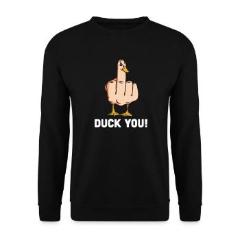Lustige Ente Duck You Spruch Mittelfinger Geschenk - Unisex Pullover - Schwarz - Vorne - Alina (178cm) & Michal (187cm)