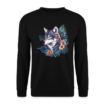 Wilder Wolf mit Blumen - Unisex Pullover - Schwarz - Vorne - Alina (178cm) & Michal (187cm)