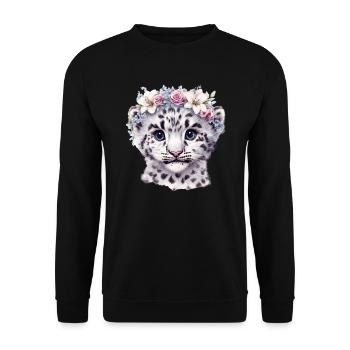 Schneeleopard mit Blumenkranz - Unisex Pullover - Schwarz - Vorne - Alina (178cm) & Michal (187cm)