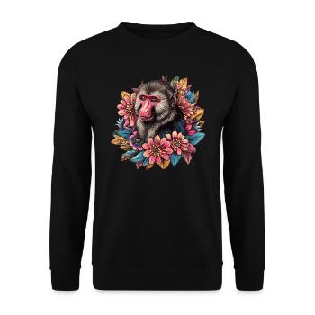Mandrill Affe mit Blumenrahmen - Unisex Pullover - Schwarz - Vorne - Alina (178cm) & Michal (187cm)