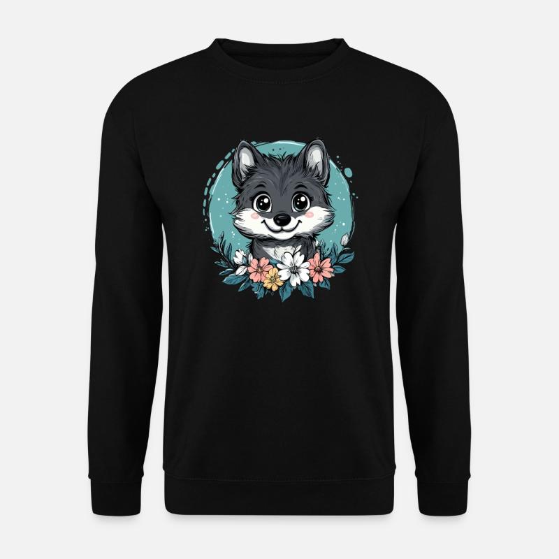 Cute wolf with flowers - Unisex Sweatshirt - black