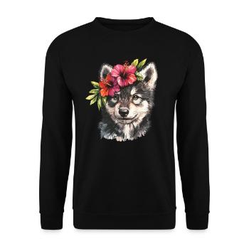 Husky mit Hibiskus - Unisex Pullover - Schwarz - Vorne - Alina (178cm) & Michal (187cm)