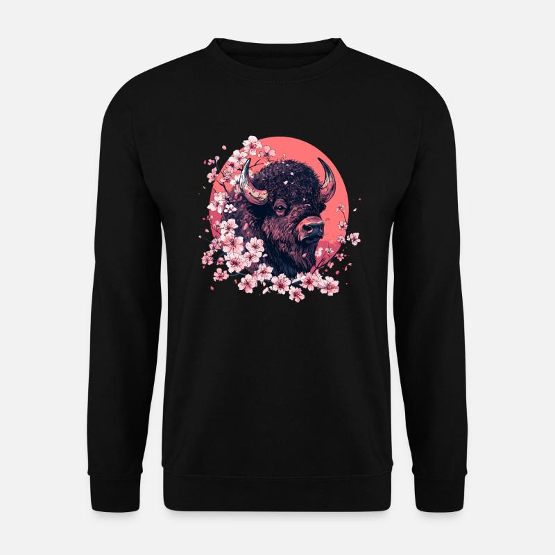 Bison mit Kirschblüten - Unisex Pullover - Schwarz