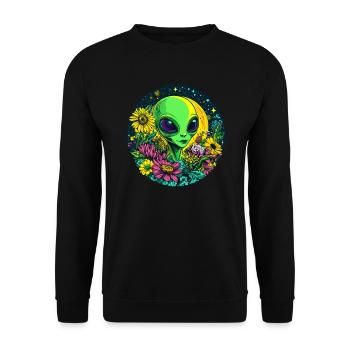 Alien mit Blumenwiese - Unisex Pullover - Schwarz - Vorne - Alina (178cm) & Michal (187cm)
