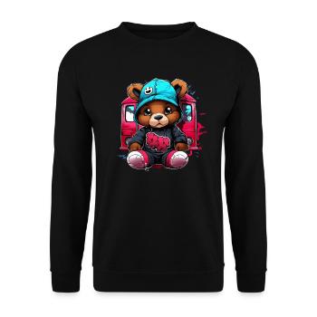 Streetstyle Bär vor Zug - Unisex Pullover - Schwarz - Vorne - Alina (178cm) & Michal (187cm)