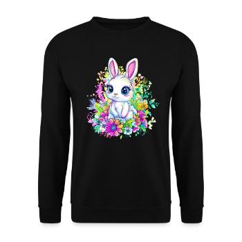 Regenbogen-Hase im Blumenfeld - Unisex Pullover - Schwarz - Vorne - Alina (178cm) & Michal (187cm)