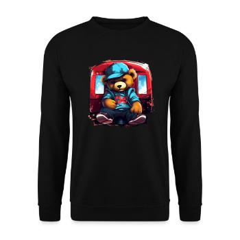 Streetwear-Teddybär vor Zug - Unisex Pullover - Schwarz - Vorne - Alina (178cm) & Michal (187cm)