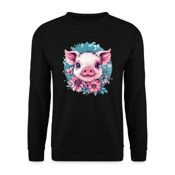 Rosa Schweinchen mit Blumen - Unisex Pullover - Schwarz - Vorne - Alina (178cm) & Michal (187cm)