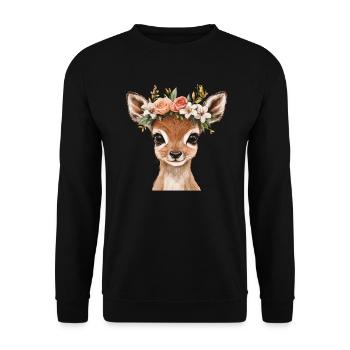 Rehkitz mit Blumenkranz - Unisex Pullover - Schwarz - Vorne - Alina (178cm) & Michal (187cm)
