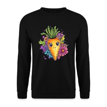 Fröhliche Karotte mit Blumen - Unisex Pullover - Schwarz - Vorne - Alina (178cm) & Michal (187cm)