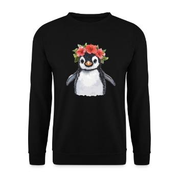 Pinguin mit Blütenkranz - Unisex Pullover - Schwarz - Vorne - Alina (178cm) & Michal (187cm)