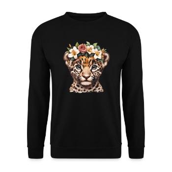 Leopardenbaby mit Blumenkranz - Unisex Pullover - Schwarz - Vorne - Alina (178cm) & Michal (187cm)