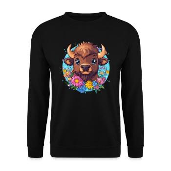 Bison mit Blumenkranz - Unisex Pullover - Schwarz - Vorne - Alina (178cm) & Michal (187cm)