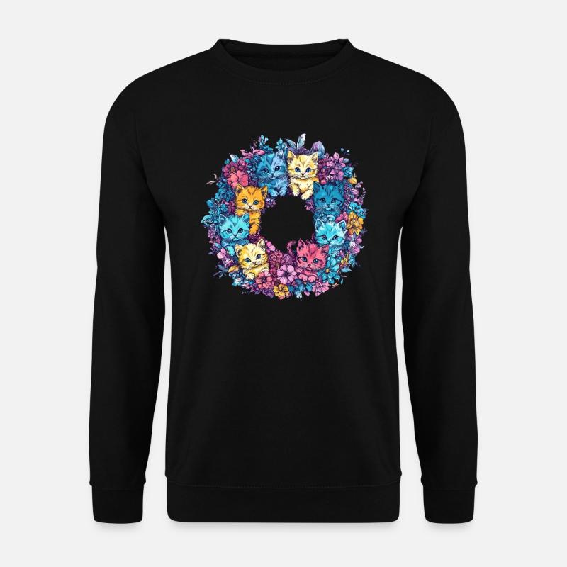 Bunte Katzen im Blütenkranz - Unisex Pullover - Schwarz