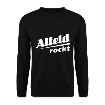 Alfeld rockt - Textdesign mit Stadtnamen - Unisex Pullover - Schwarz - Vorne - Alina (178cm) & Michal (187cm)