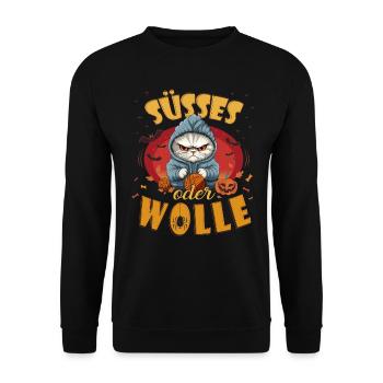 Süsses oder WOLLE - Wortspiel Halloween - Unisex Pullover - Schwarz - Vorne - Alina (178cm) & Michal (187cm)