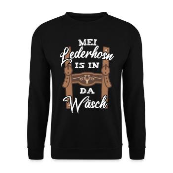 Mei Lederhosn is in da Wäsch Lederhose Tracht - Unisex Pullover - Schwarz - Vorne - Alina (178cm) & Michal (187cm)