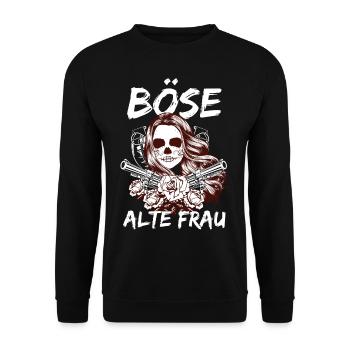 Böse Alte Frau Revolver Totenkopf Tattoo - Unisex Pullover - Schwarz - Vorne - Alina (178cm) & Michal (187cm)