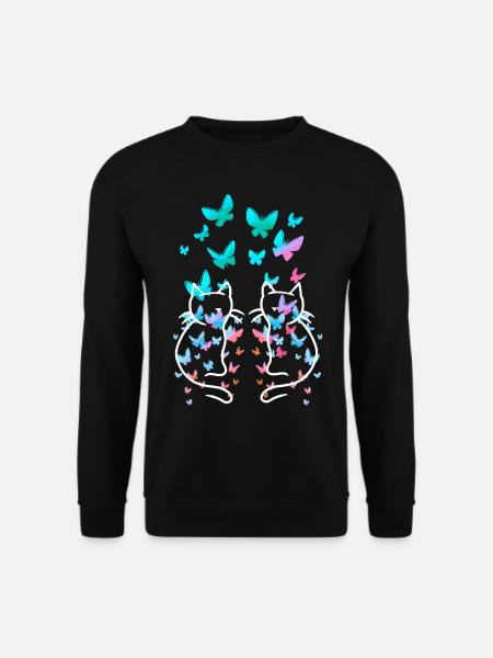 80er Retro Katze Vintage Frühling Schmetterlinge - Unisex Pullover - Schwarz